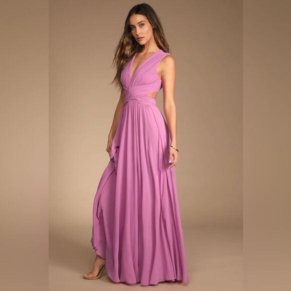 Lulus Vivid Imagination Lilac Pink Cutout Maxi Chiffon V Neck Dress Small NEW - Picture 4 of 16